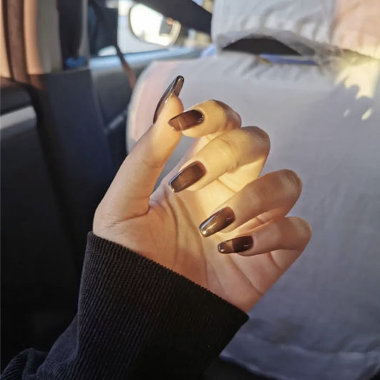 Twilight Glamour Medium Square Brown Press On Nails with High Gloss Finish