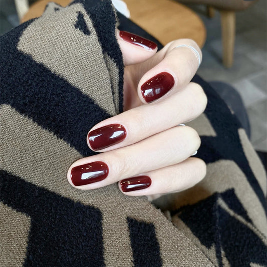 Autumn Elegance Medium Squoval Burgundy Press On Nails with High-Gloss Finish