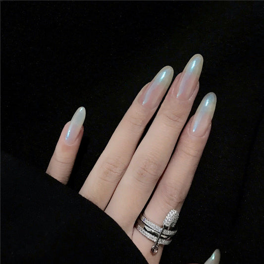 Enchanted Elegance Long Almond Opalescent Press On Nails with Iridescent Sheen