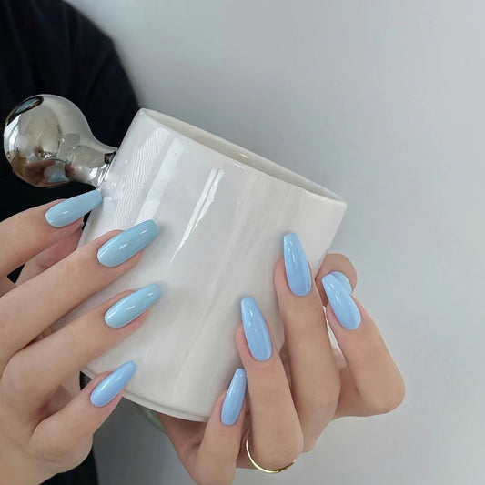 Serenity Sky Long Almond Baby Blue Press-On Nail Set with Glossy Finish