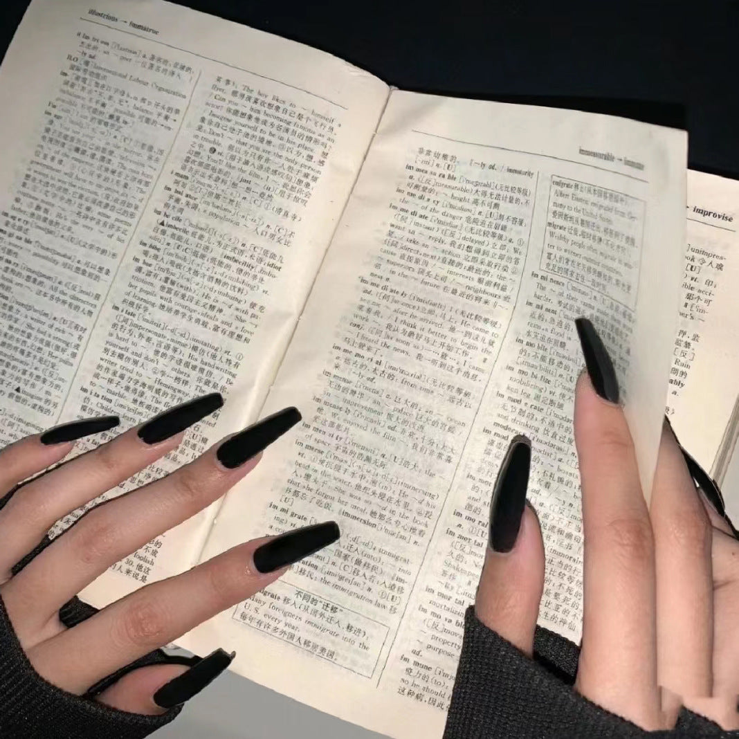 Mysterious Elegance Long Coffin Press On Nails Jet Black with Matte Finish for a Bold Look