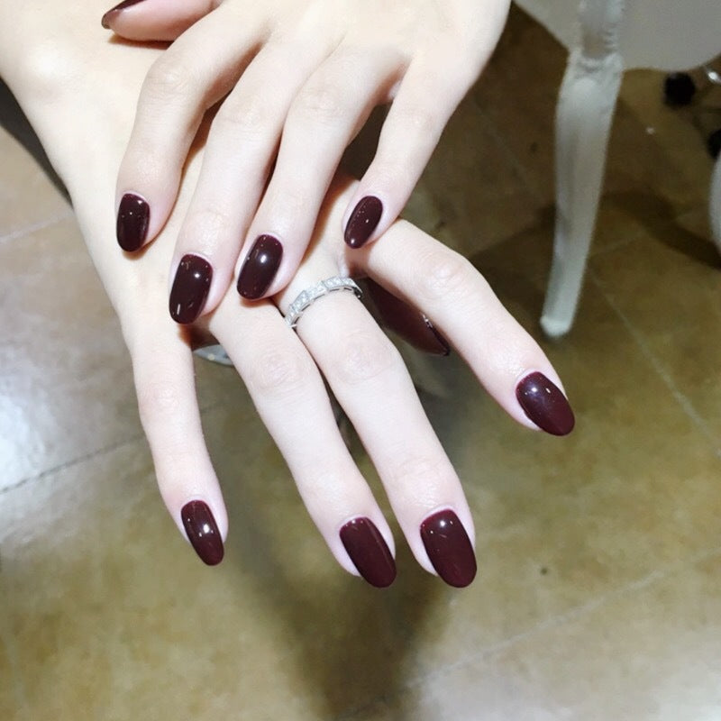 Elegant Burgundy Medium Round Shape Press On Nail Set with Glossy Finish