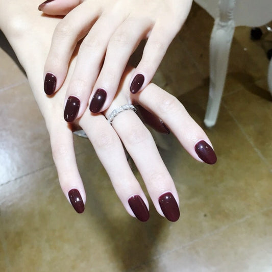 Elegant Burgundy Medium Round Shape Press On Nail Set with Glossy Finish