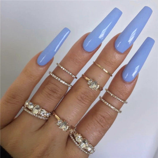 Elegant Serenity Sky Blue Long Coffin Press On Nail Set with Rhinestone Accents