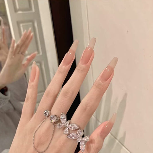 Elegant Evening Long Coffin Beige Press On Nail Set with Glossy Finish