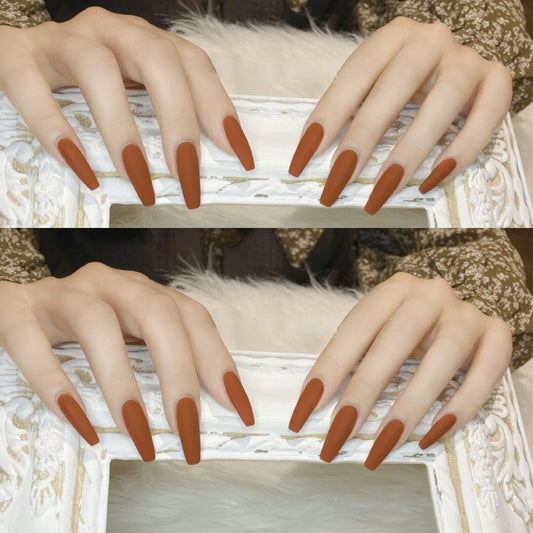 Autumn Elegance Long Coffin Matte Terracotta Press On Nail Set for Effortless Glamour