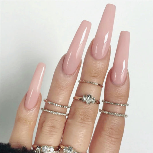 Elegant Romance Long Coffin Blush Pink Glossy Finish Press on Nail Set