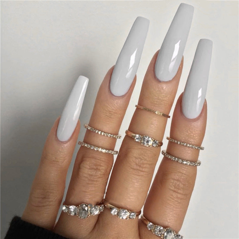 Elegant Affair Long Coffin Light Grey Press On Nails with High Gloss Finish Set