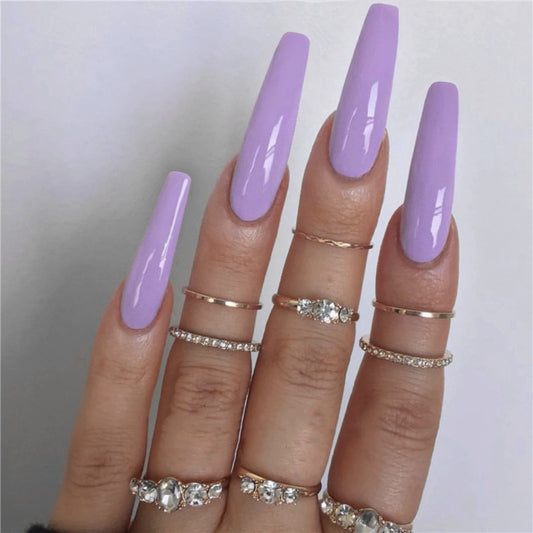 Lavender Dream Long Coffin Shape Solid Color Glossy Finish Press On Nail Set