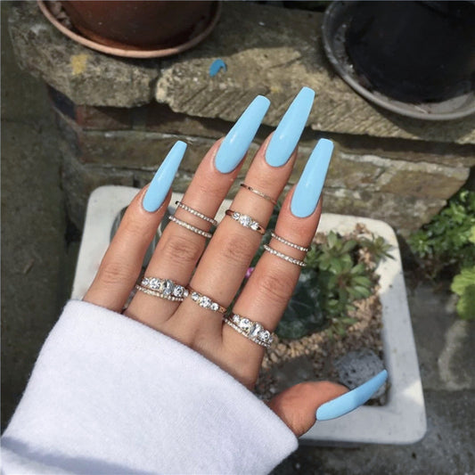 Summer Sky Long Coffin Baby Blue Press On Nails with Glossy Finish