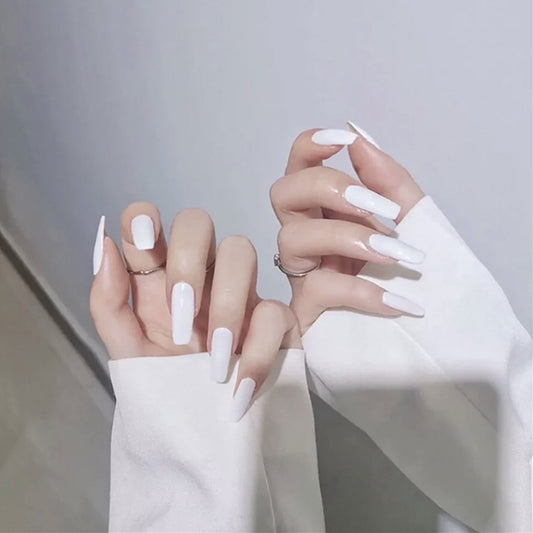 Elegant Bridal Collection Long Square Shape Pure White Glossy Finish Press On Nail Set