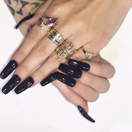 Glamorous Evening Extra Long Coffin Glossy Black Press On Nail Set with Luxurious High Shine Finish
