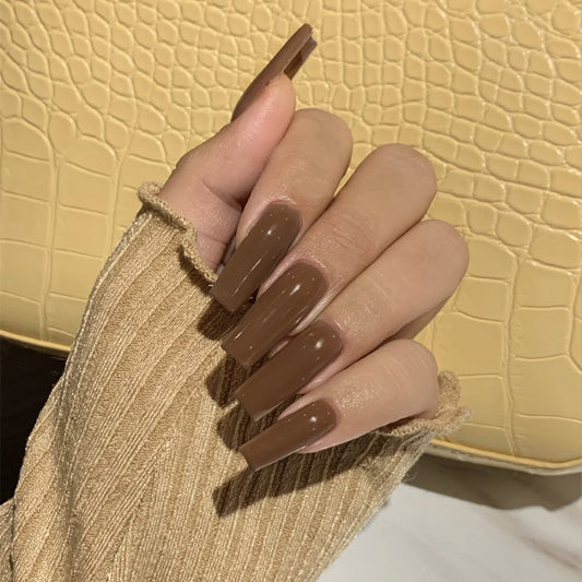 Autumn Elegance Long Square Brown Press On Nail Set with Glossy Finish