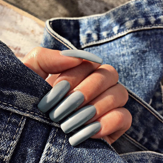 Denim Dreams Long Square Slate Gray Glossy Finish Press On Nail Set