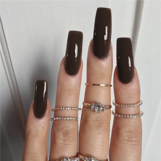 Elegant Evening Long Coffin Chocolate Brown Press On Nail Set with Glossy Finish