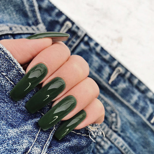 Enchanted Forest Long Coffin Olive Green Press On Nail Set with Glossy Finish