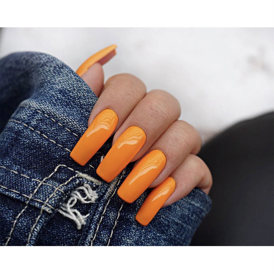 Summer Citrus Long Square Orange Press On Nail Set with Marble Accent Feature