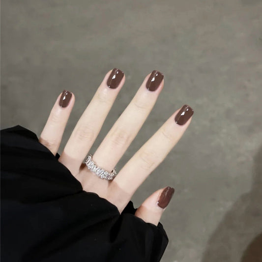 Elegant Caf≈Ω Noir Short Square Press On Nail Set with Glossy Finish