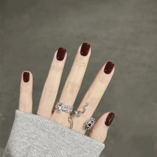 Elegant Autumn Elegance Short Square Burgundy Press On Nail Set with Glossy Finish