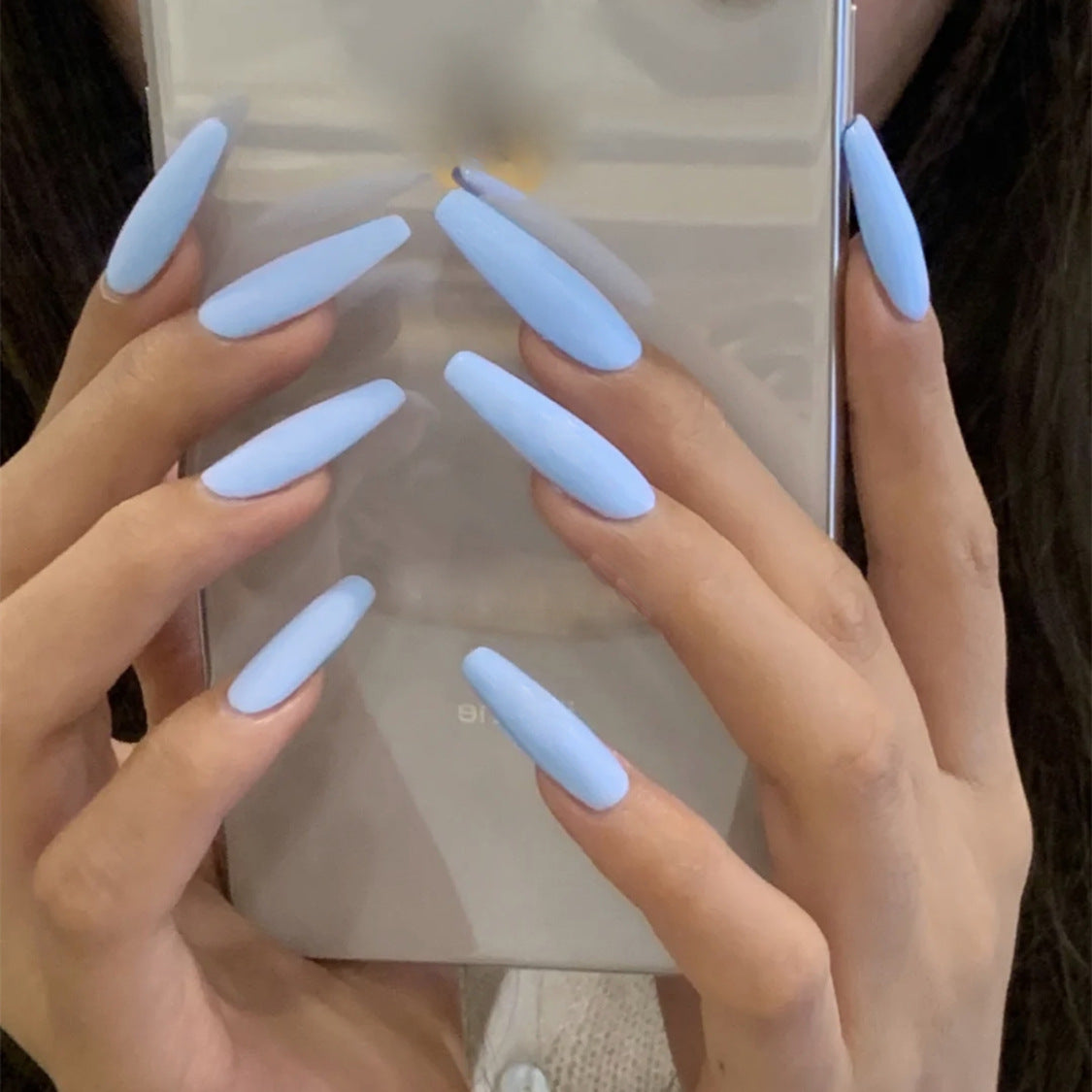 Dreamy Serenity Long Coffin Shaped Matte Light Blue Press On Nail Set for Effortless Glamour