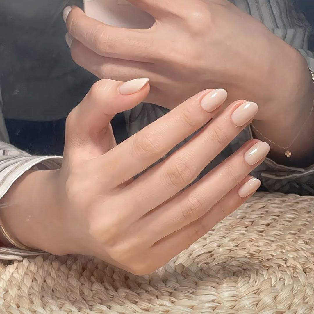 Elegant Bridal Collection Short Length Round Shape Beige Color Press On Nails with Glossy Finish