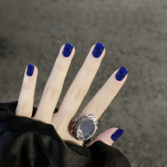 Nautical Night Square Short Royal Blue Press On Nail Set with Glossy Finish