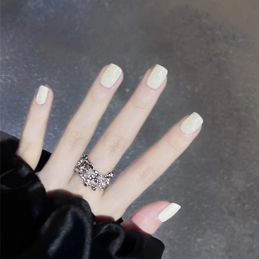 Elegant Chic Short Square Beige Press On Nail Set with Rhinestone Accents