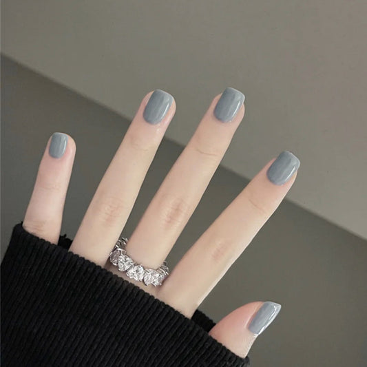 Elegant Chic Short Square Gray Press On Nail Set with Gloss Finish