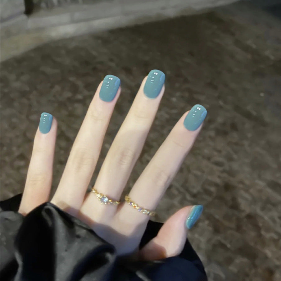 Starry Night Sky Short Squoval Matte Blue Press On Nails with Rhinestone Accents