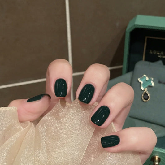 Mystic Night Short Square Deep Green Glossy Finish Press On Nail Set