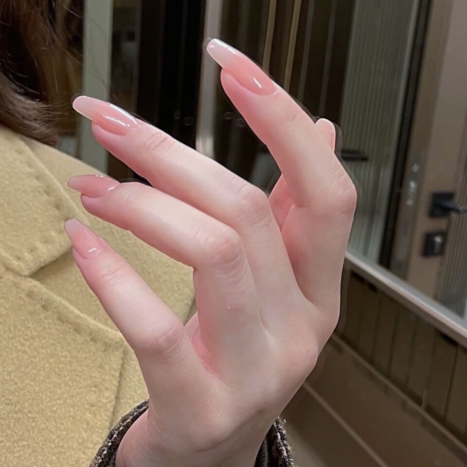 Elegant Soir≈Ωe Long Coffin Beige Press On Nail Set with Glossy Finish