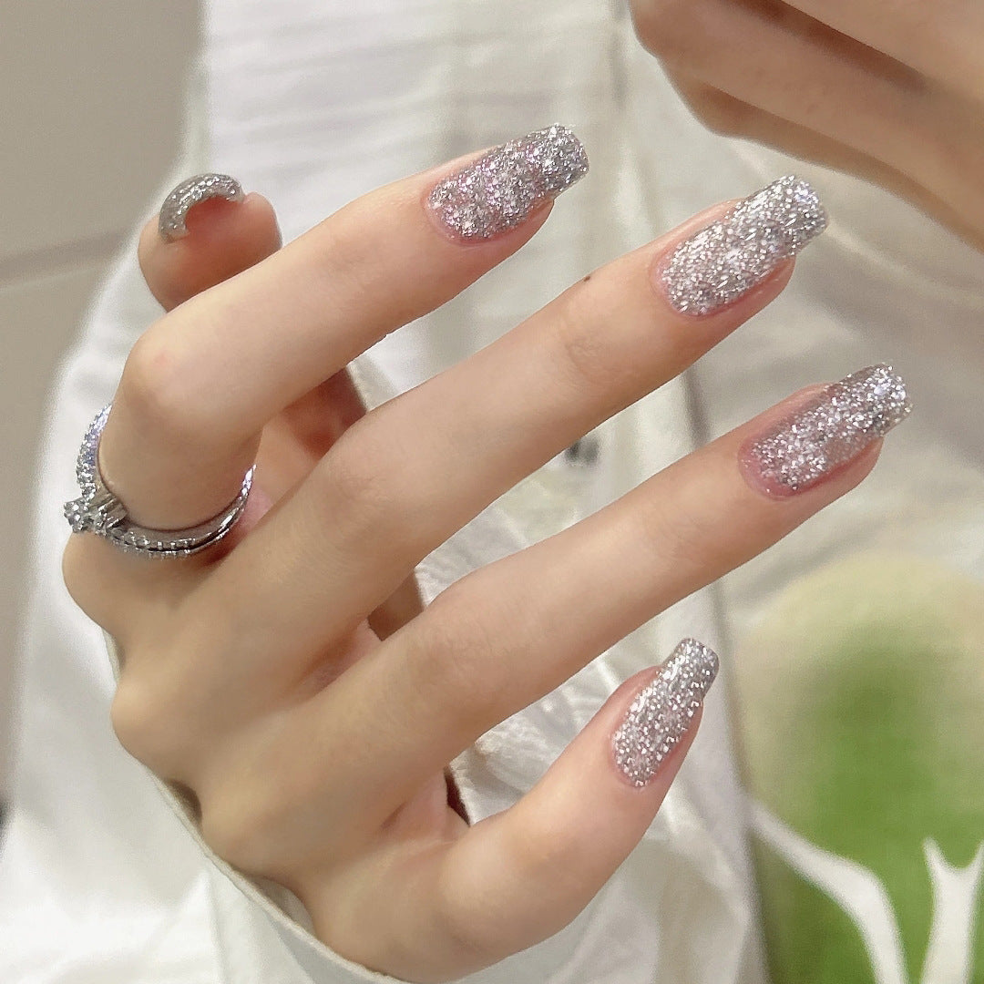 Glamorous Silver Sparkle Medium Square Press-On Nail Set with Dazzling Glitter Finish