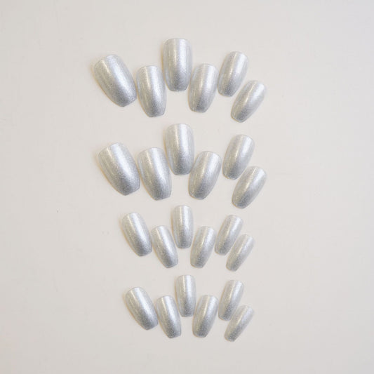 Chic Silver Glamour Long Coffin Shimmering Nail Press Set