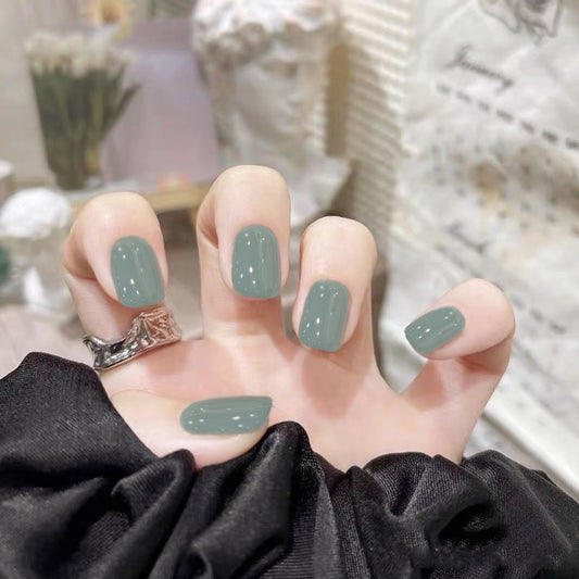 Elegant Oasis Short Squoval Sage Green Press-On Nail Set with Glossy Finish