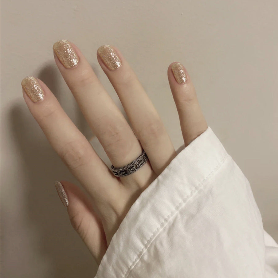 Glamorous Golden Short Square Press On Nail Set with Sparkling Glitter Finish