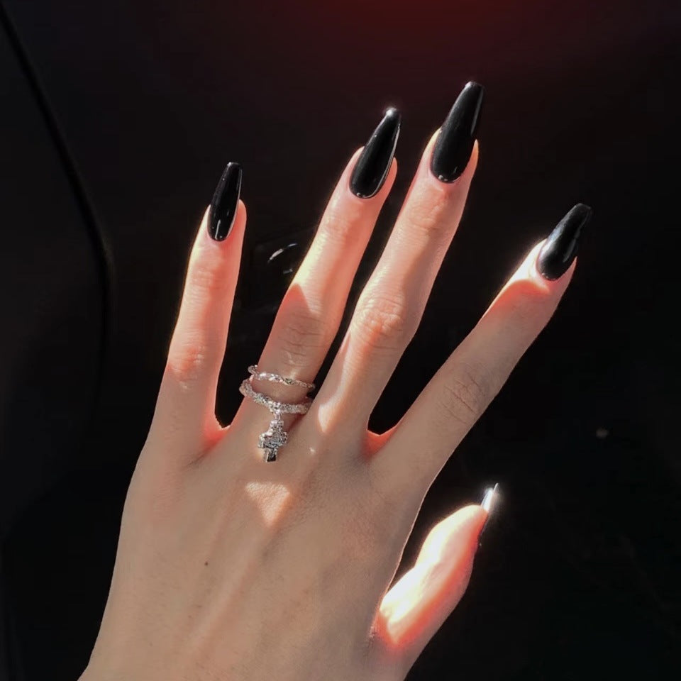 Gothic Glamour Medium Coffin Black Press On Nail Set with Shiny Tips