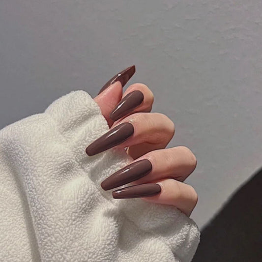Autumn Elegance Extra-Long Coffin Chocolate Brown Press On Nail Set with Glossy Finish