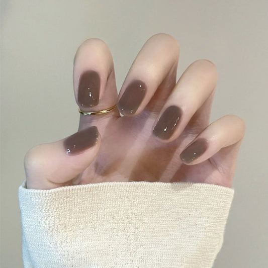 Elegant Autumn Medium Squoval Mocha Brown Press On Nails with Glossy Finish