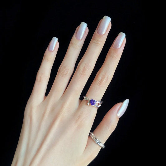 Elegant Evening Medium Square Pale Pink Iridescent Press On Nail Set with Shimmer Finish