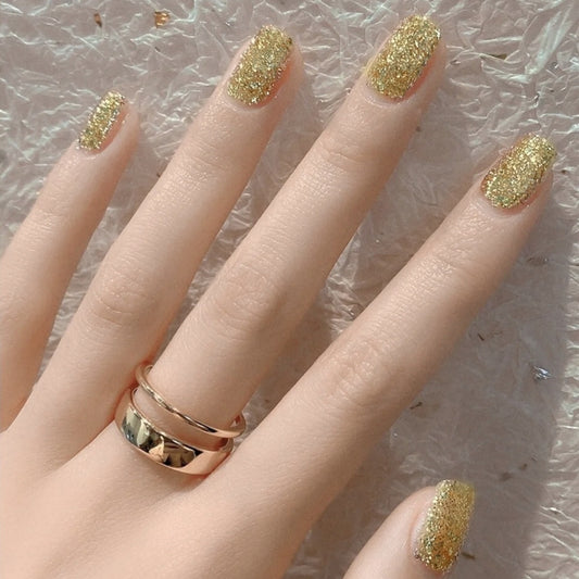 Golden Glamour Short Square Sparkling Glitter Press On Nail Set in Champagne Gold