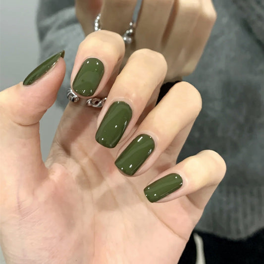 Enchanted Forest Medium Length Square Shape Olive Green Glossy Finish Press On Nail Set