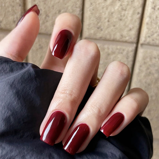 Elegant Evening Long Square Burgundy Press On Nail Set with Glossy Finish