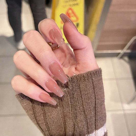 Elegant Caf≈Ω Chic Long Coffin Beige Press On Nail Set with Shimmer Accent