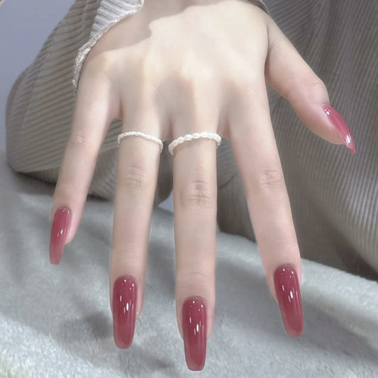 Super Elegant Evening Long Coffin Burgundy Press On Nail Set with Glossy Finish
