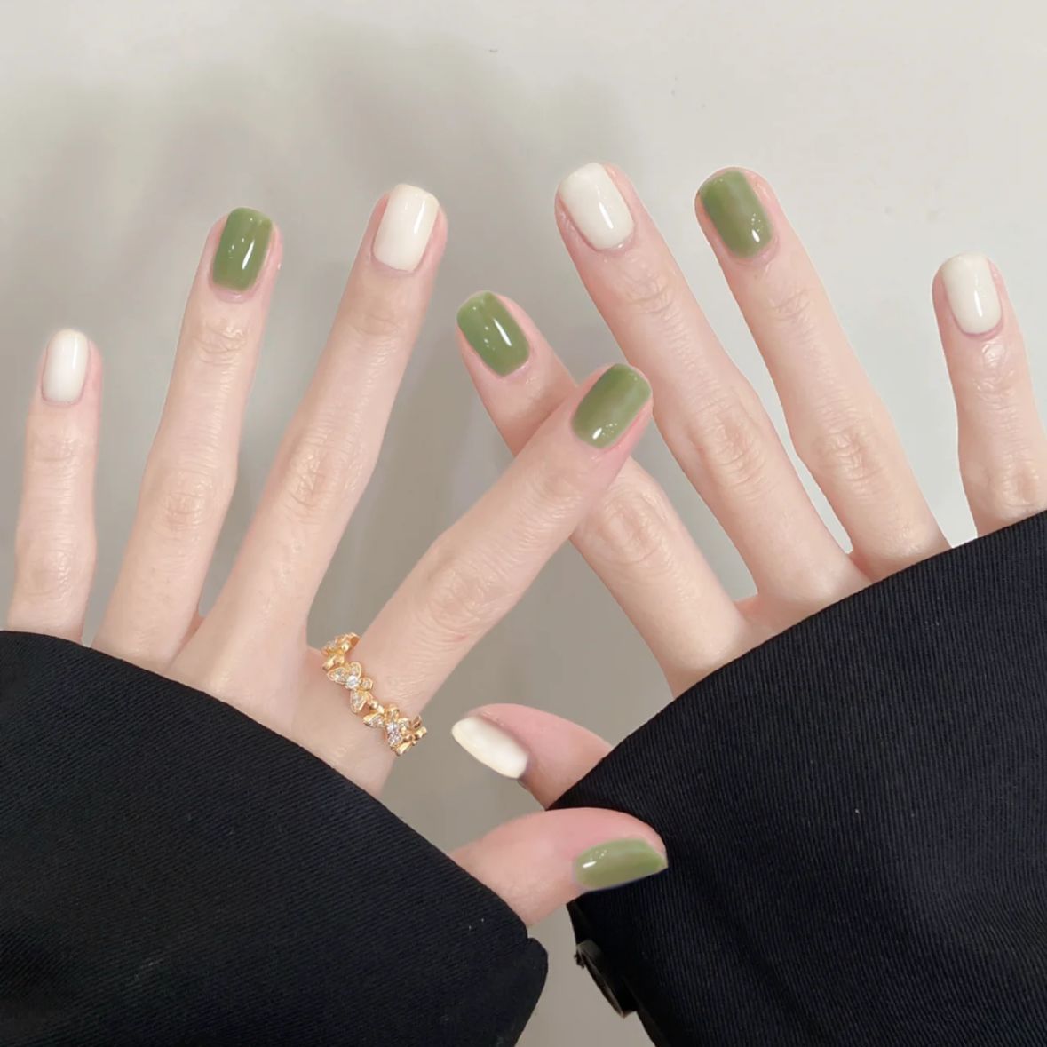 Enchanted Garden Short Square Multi-Tone Green and Beige Press On Nail Set with Dual Color Design