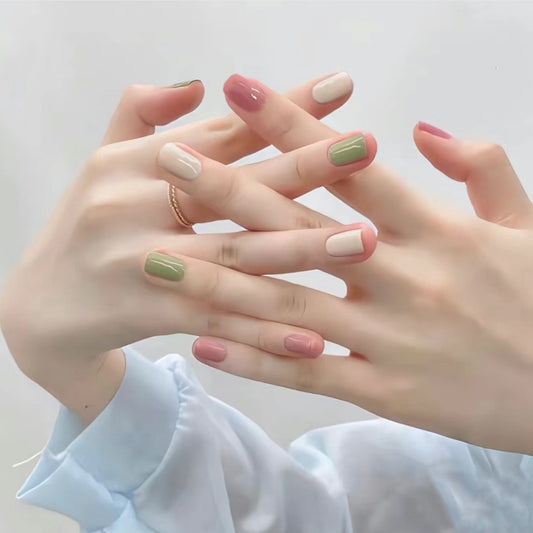 Spring Blossom Collection Short Length Square Shape Pastel Multicolor Matte Finish Press On Nail Set