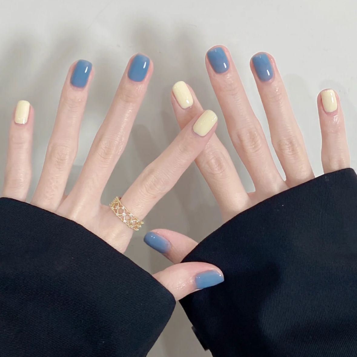 Sunrise Serenity Medium Length Square Press On Nails in Pastel Blue and Creamy Yellow with Dual-Tone Design