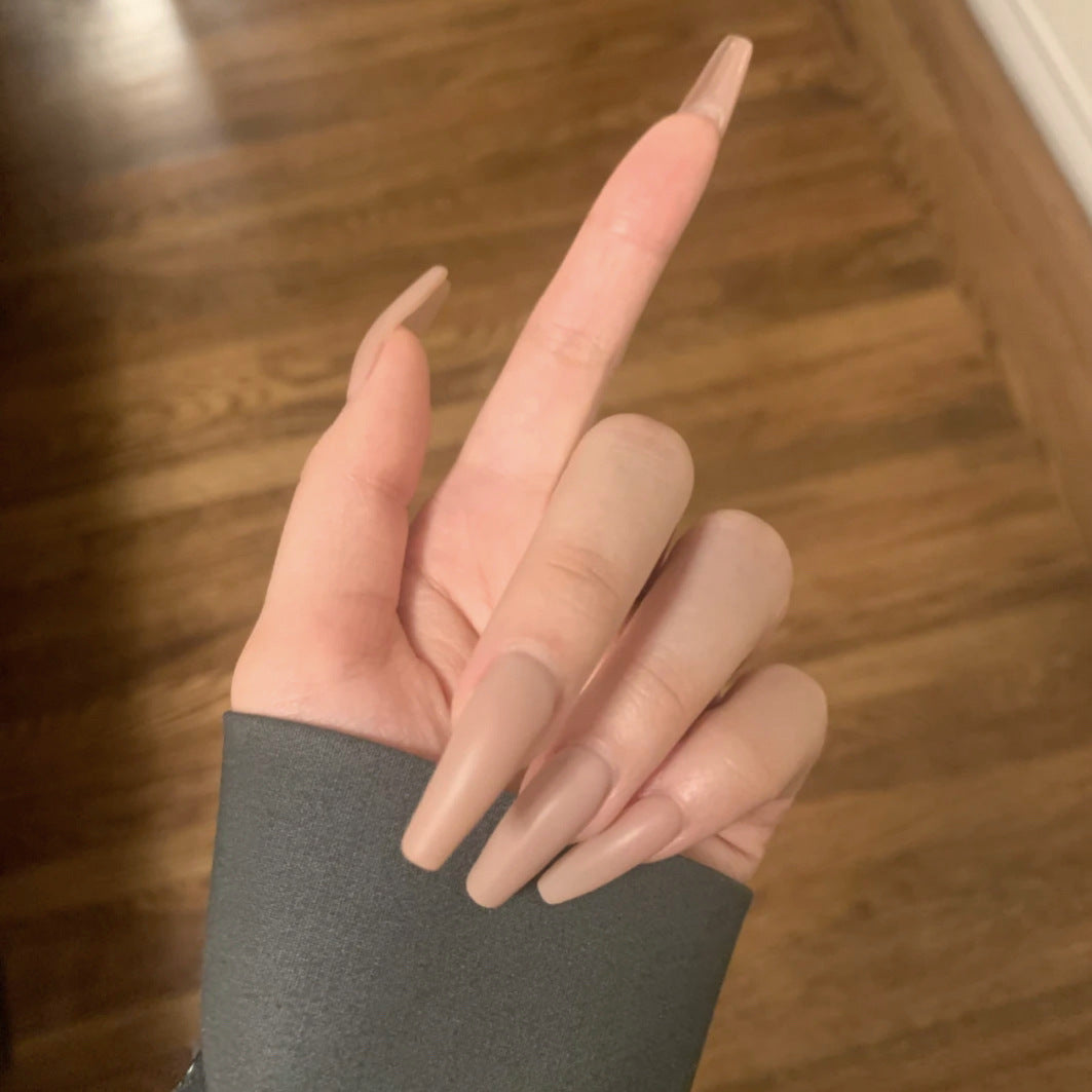 Elegant Glamor Extra Long Coffin Shaped Matte Beige Press On Nail Set with Innovative Fit Technology