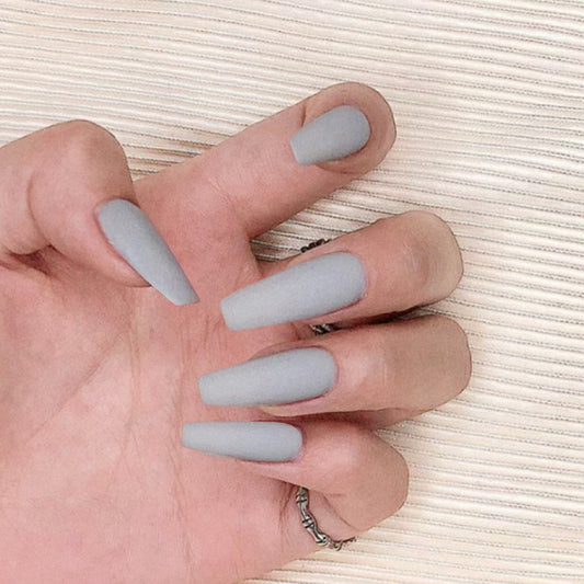 Chic Serenity Long Coffin Shaped Matte Grey Press On Nail Set with Versatile Length for Effortless Glam
