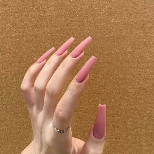 Chic Elegance Long Coffin Matte Pink Press On Nail Set with Unique Art Design